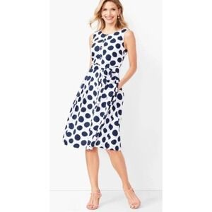 Talbots Women's White Navy Polka Dot Cotton‎ Lined Button Up Front Shirt Dress